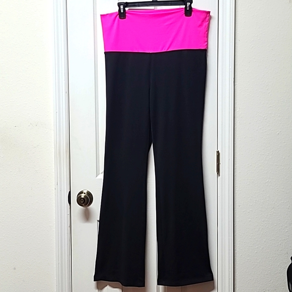 Y2k Jenni Hot Pink Fold over Yoga Pants Flared leg ACADEMIA Stretchy Shiny XL - Picture 1 of 5